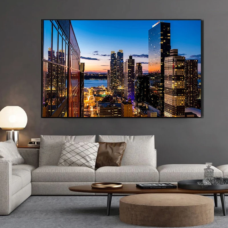 New York City Night Scene Building Landscape Canvas Painting Modern Prints and Posters Wall Art Pictures for Living Room Decor