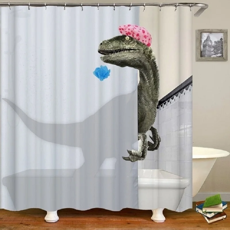 Simpatico dinosauro divertente doccia tenda da bagno impermeabile gatto foglie verdi tessuto pastello tende per porta wc moderno marmo Cortina