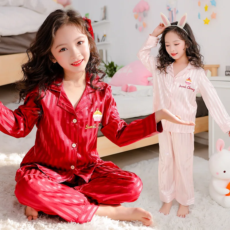 Children Pajamas Set 2024 Spring Ice Silk Striped Kids Pyjamas For Girls Sleepwear Kids Outfits Homewear 8 10 Years Pijamas Boys