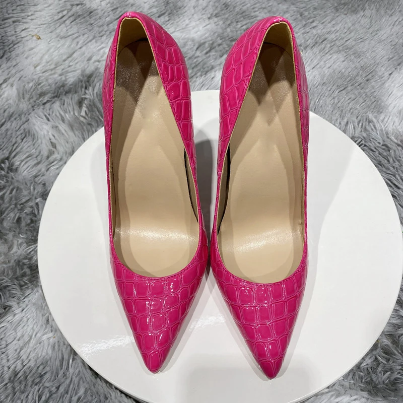 Tikicup Rose Pink Women Crocodile Effect Stiletto Pumps Pointed Toe Slip On 8/10/12cm High Heels Ladies Party Dress Shoes