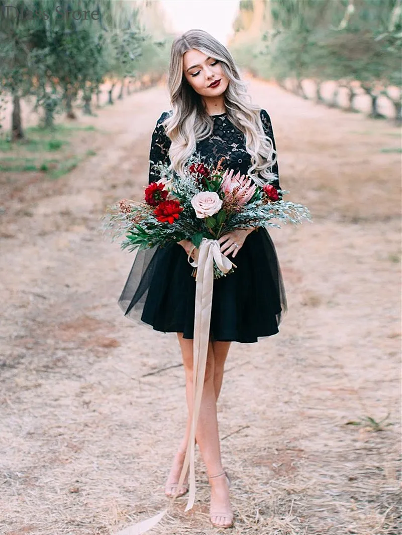 Vestido negro de dos piezas de encaje para sesión de fotografía, minivestido de fiesta, cóctel