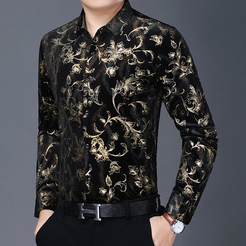 Vestidos florais de veludo manga comprida masculino, camisas douradas, roupas de veludo, flores masculinas, outono