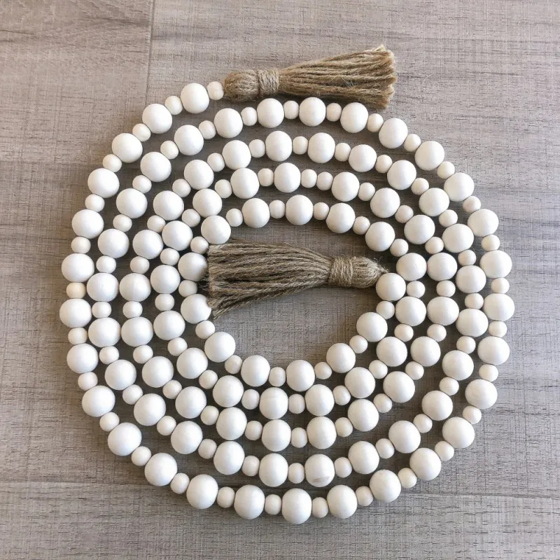 Wooden Bead Garland with Tassels Rustic Country Farmhouse Home Holiday Christmas Tree Garland Tray Wall Hanging Photo Props