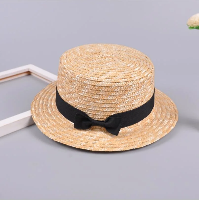 Cute Child Girls Straw hat Bowknot Sun Hat Kids Large Brim Beach Summer Boater Beach Ribbon Round Flat Top fedora hat 54CM