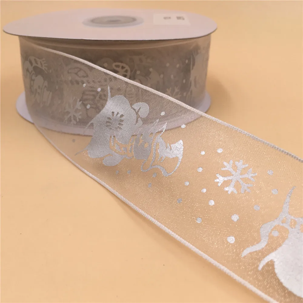 38MM 25yards Wired Edge Silver Snowman Organza Sheer Ribbon  for Festival Christmas Decoration New Year Gift Wrapping