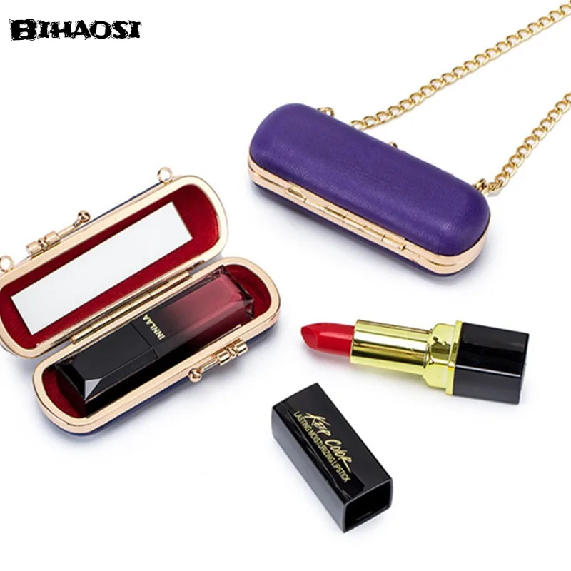 Leather Mini Lipstick Wrapped Strands Stranded Across Portable Cosmetic Case With Mirror, Sheepskin Lipstick Box Lipstick Box