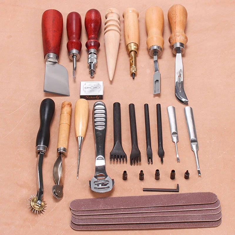 DIY Leather Craft Tool Kit Hand Sewing Stitching Punch Kit Slotter Scribing Wheel Polishing Rod Awl Tool Kit