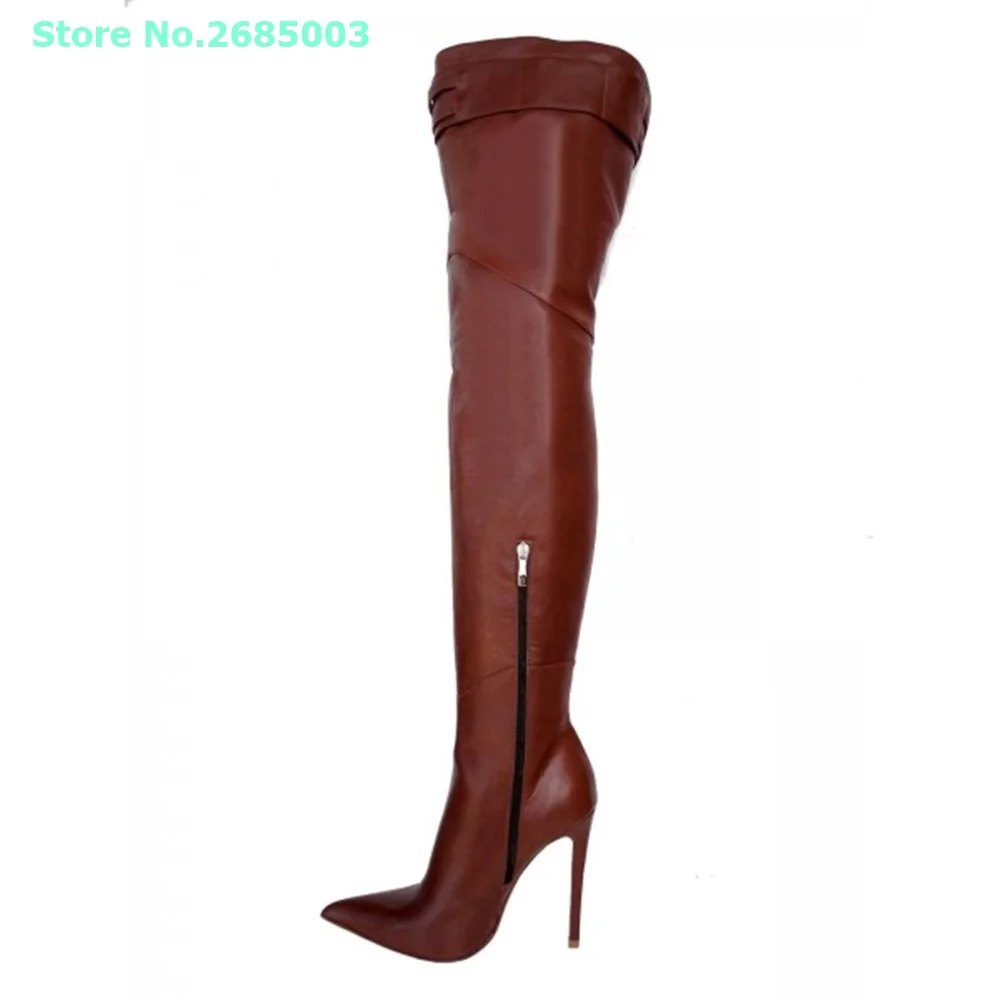 Brown Buckle Thigh High Boots Pointed Toe Thin High Heels Side Zipper Solid Leather Autume Winter Boots Women Party Dress Shoes