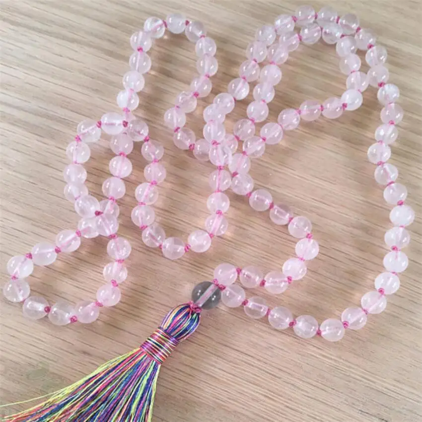 8mm Pink crystal Gemstone knot Tassel Mala necklace 108 Beads energy Zazen cuff MONK Buddhist Bless Stress spirituality Buddhism