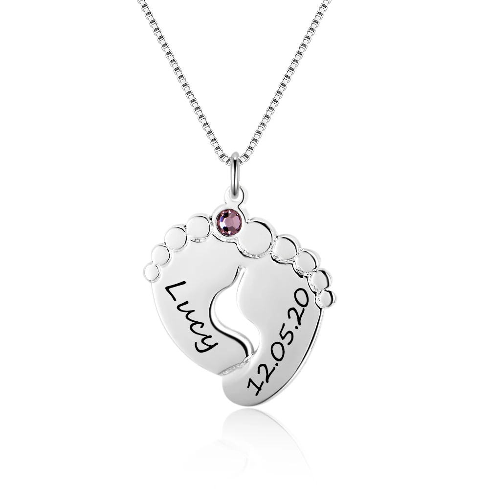 Personalized Necklaces Silver Color Classic footprint Shape Pendants DIY Names Letters Birthstone For Women Mom Gift