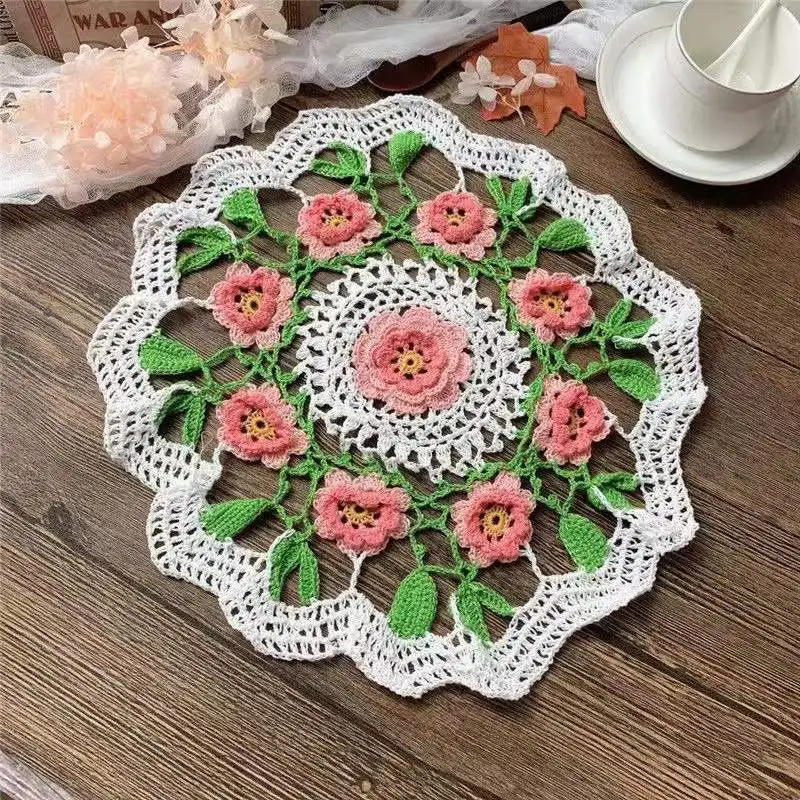 

35cm Round Hot Pink Hand Embroidered Lace Bedding 3d Flowers Cotton Coffee Bedding Universal Cover For Wedding And Christmas