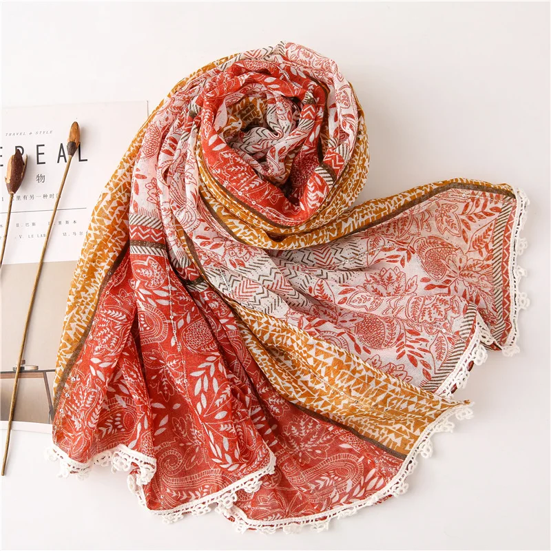

Boho Style Large Shawl Scarf Women Unique Lace Craft Soft Stole Autumn Bright Sequins Inside Viscose Neck Scarf Warm Neckwear