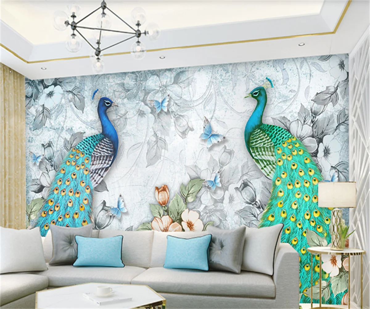 Modern fresh three-dimensional 3D auspicious peacock flower living room bedroom background stickers custom hotel wallpaper mural