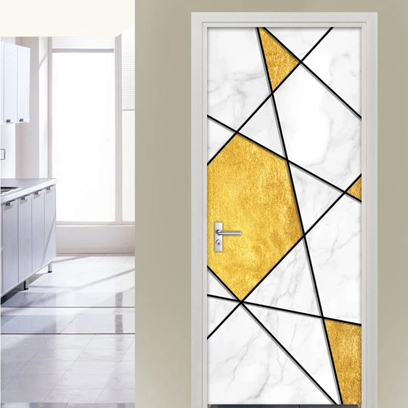 Self-adhesive DIY Door Stickers Home Decor Modern 3D Creative Golden Geometric Pattern Living Room Bedroom Door Mural Wallpaper
