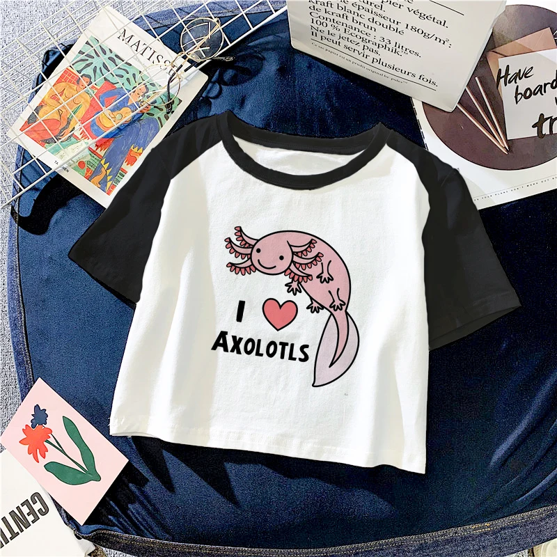 Kawaii Cartoon Axolotl T Shirt Women Summer Crop Tops O Neck Anime Graphic Tees Hip Hop Cute Harajuku Aesthetic Tshirt Female