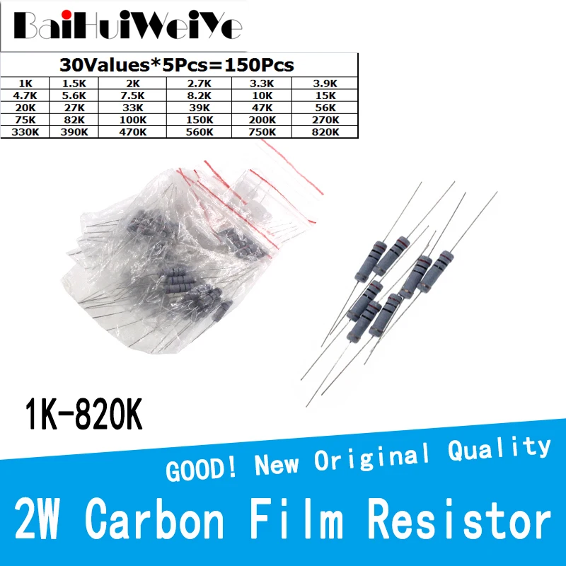 

150PCS/LOTE 2W 5% Carbon Film Resistanc Kit 30Values*5Pcs 1K To 820K ohm Resistanc Set 3.3K 4.7K 5.6K 330K 470K 560K 750K 47K