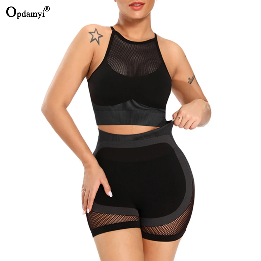 

Summer Seamless Women Sport Suit Gym Workout Clothes Mesh Shorts Fitness Sexy Sports Bra Scrunch Butt Leggings Shorts Yoga Sets