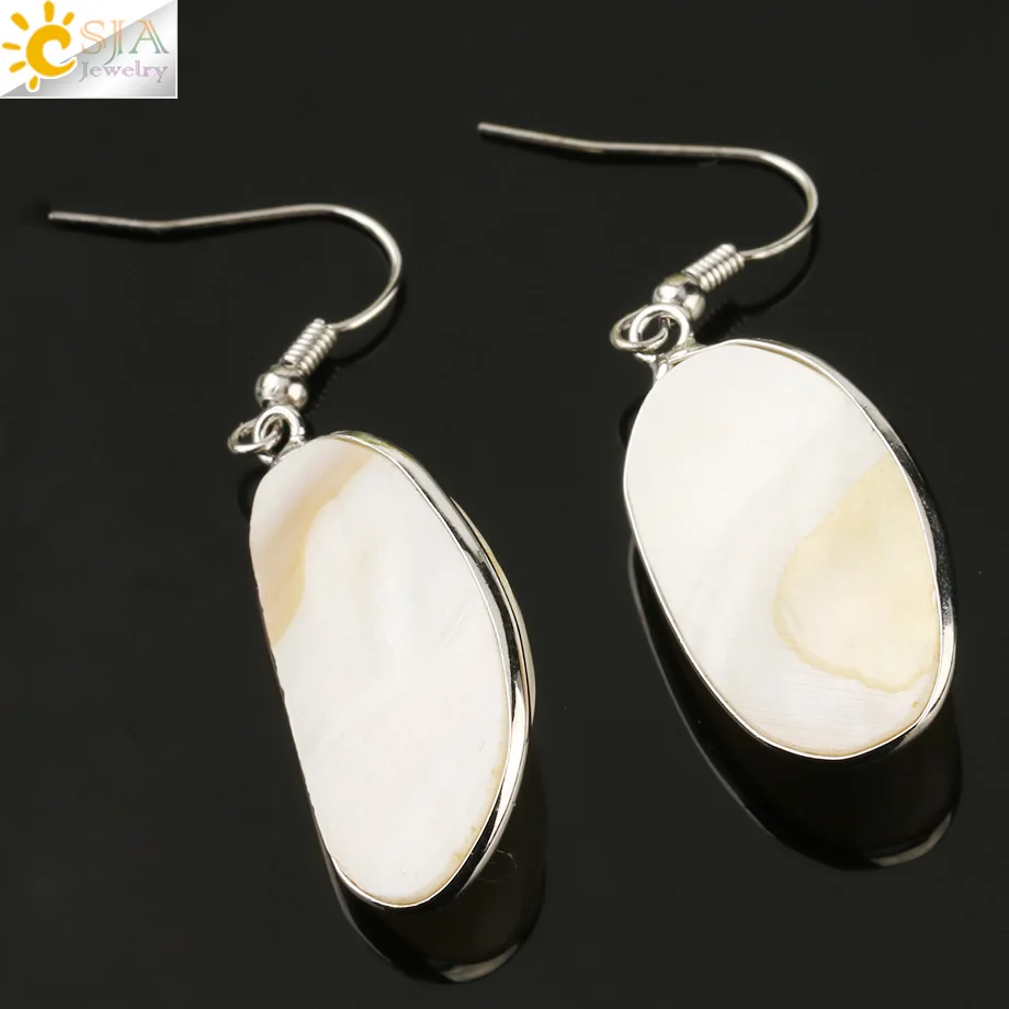 CSJA Natural Mother of Pearl Shell Drop Earrings Cabochon Bead Silver Color Hook Dangle Earring Simple Summer Beach Jewelry G220