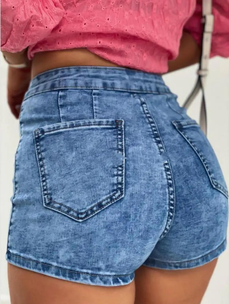 Autumn women's shorts ripped golden buttons high waist blue cotton denim shorts women's fashion trend