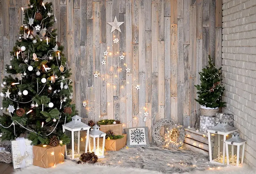 Christmas Background Photography Winter Snow Christmas Tree Wreath Wood Door Home Decor Holiday Family Celebrate Party Photocall