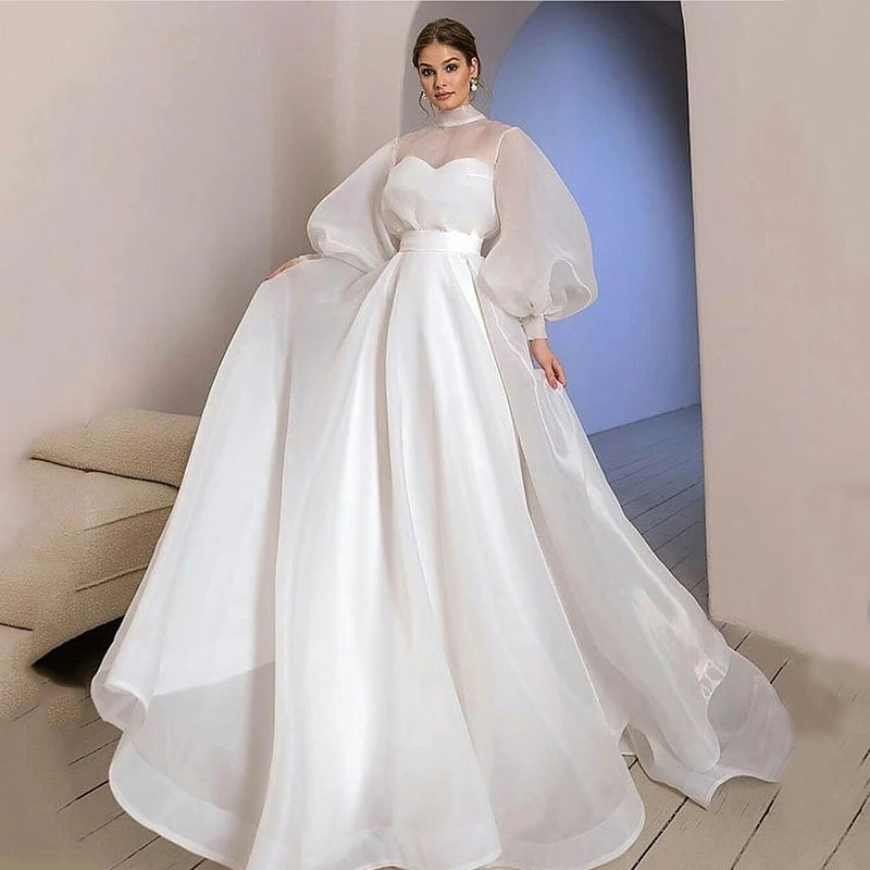 Witte Organza Prom Dresses Puff Lange Mouwen Hoge Hals Arabische Avondjurken Lange Elegante Formele Party Wear Vestidos De Noiva