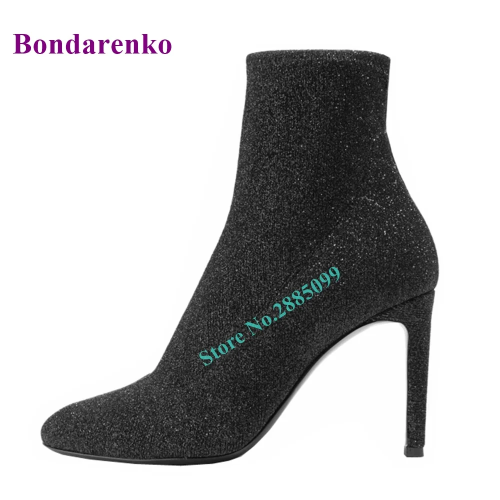 

Sequin Stretch Socks Ankle Boots Women Spring Shoe Thin High Heel Solid Slip On Short Boots Concise Fitted Shoes Party Dress