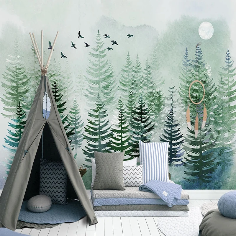 Custom Mural Wallpaper Nordic Style Hand Painted Pine Forest Elk Wallpaper Living Room Sofa TV Background Wall Papel De Parede