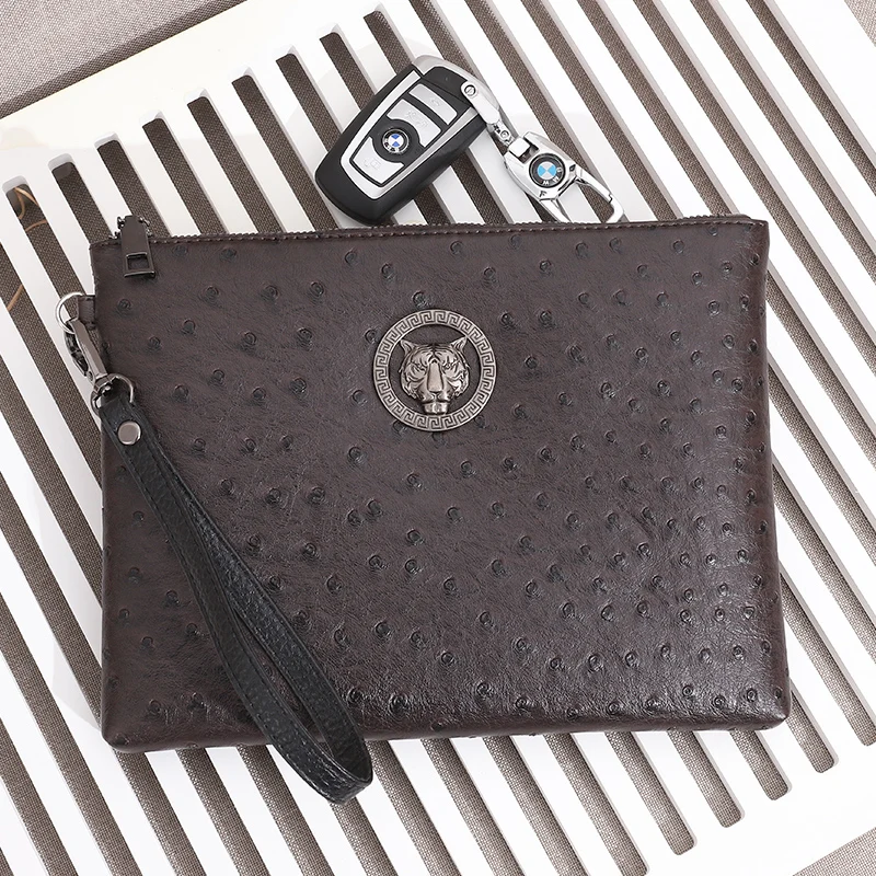 Ostrich Pattern Black Brown Wallet Tiger Head Design Man Clutch Bag High Quality Business Men Cardholder Case Money Male Handbag