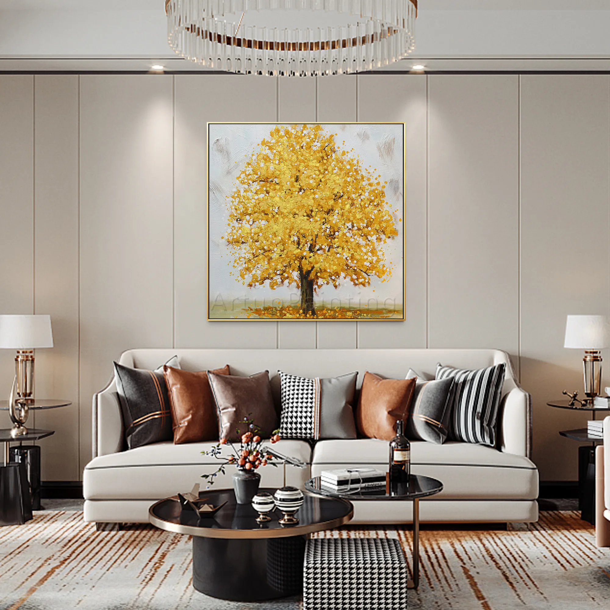 

Landscape Original Large Acrylic heavy texture Abstract golden tree canvas oil painting wall art picture living room Home decor