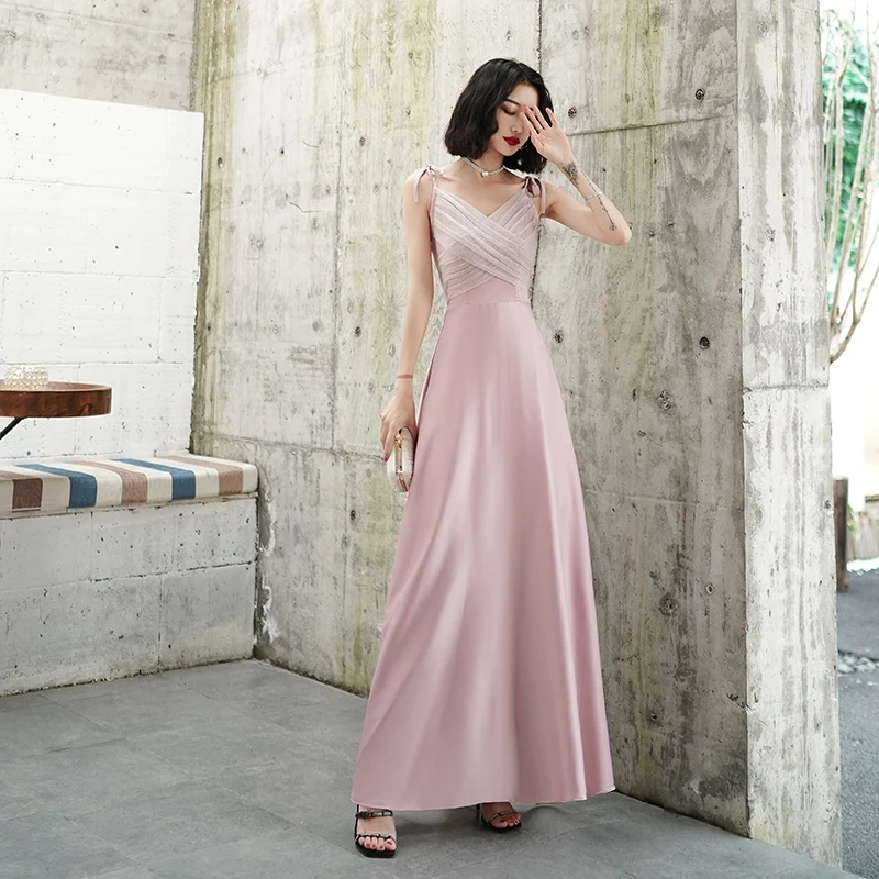 

Pink Evening Dress 2020 New Fashion Sexy V-neck Spaghetti Strap Prom Dress a Line Ankle Length Banquet Party Dress Robe De Soire