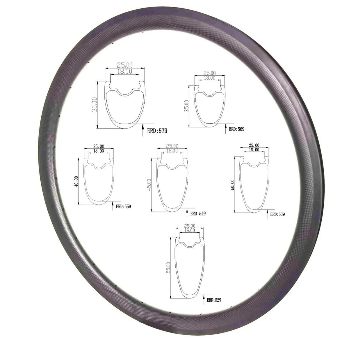 700C Super Light Road Bike Carbon Rims, Tubeless, Tubular,30mm, 35mm, 40mm, 45mm, 55mm Profile, 25mm Width, V Brake