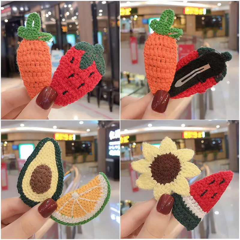 2019 Winter Girls Handmade Knitting Cute Flower Fresh Fruit Hairpins Children Lovely Hair Clips Barrettes Kids Hair Accessories image 4