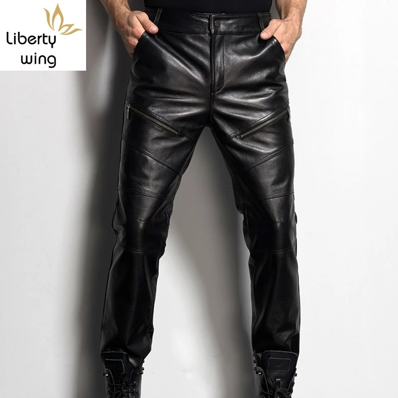 

Mens Motorcycle Biker Full Length Pants New Fashion Male Trousers Genuine Leather Sheepskin Slim Fit Korean Style Fur Lining