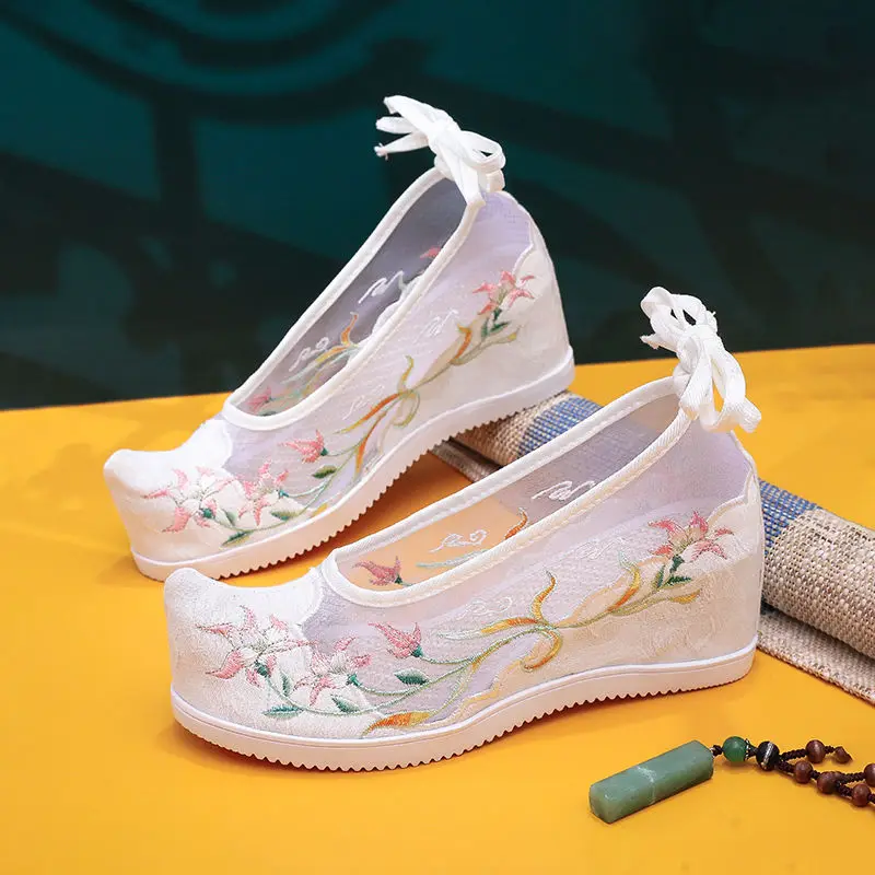 Wedge Heel Ladies Mesh Shoes Sweet Lolita Fairy Hanfu Oriental Ancient Embroidery Shoes Cute Kawaii Women Chinese Traditional