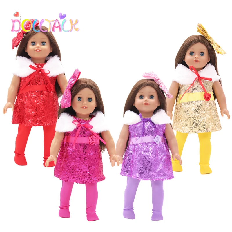 

Fashion Sequins 18 Inches American Doll Clothes Dress+Leggings+Hairpin+Plush shawl Suit For 43cm New Bron Dolls Toy Skirt