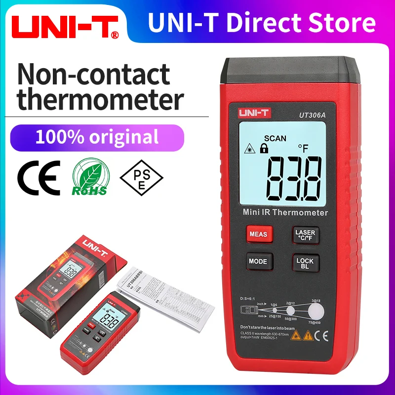 UNI-T UT306A Mini LCD Infrared Thermometer -35~300C -31~572F Red Laser Temperature Meter C/F Pyrometer Original