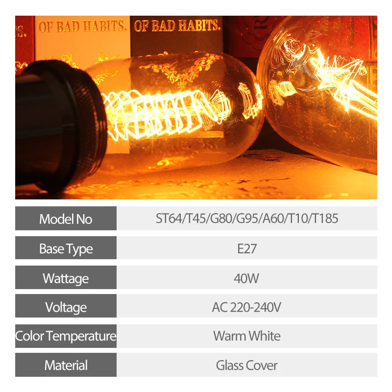 Incandescent Edison Bulb E27 40W Retro Lamp 220V ST64 A19 T45 T10 T185 G80 G95 Ampoule Vintage Bulb Edison Filament Light bulb