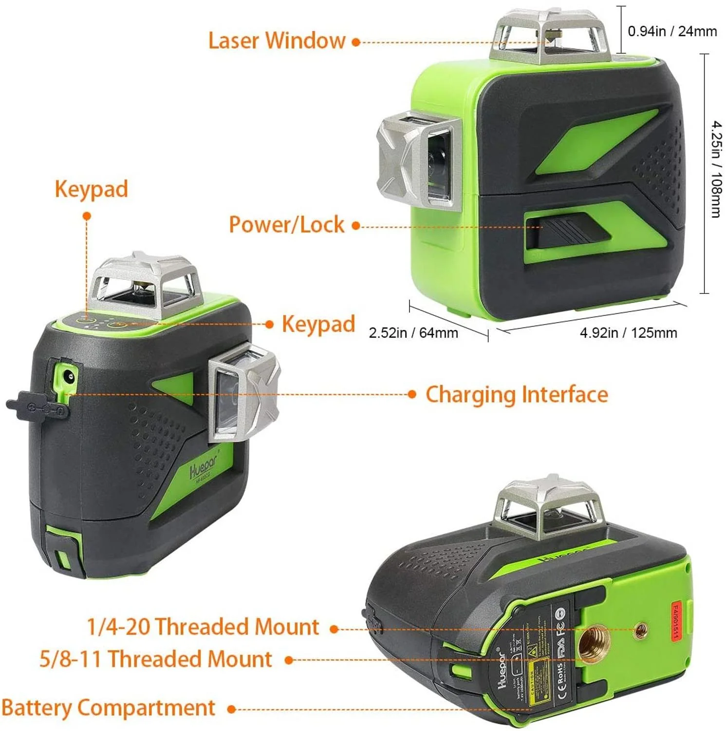Huepar 3x360 ° linee incrociate connettività Bluetooth 3D raggio verde livello Laser autolivellante con batteria agli ioni di litio e custodia rigida