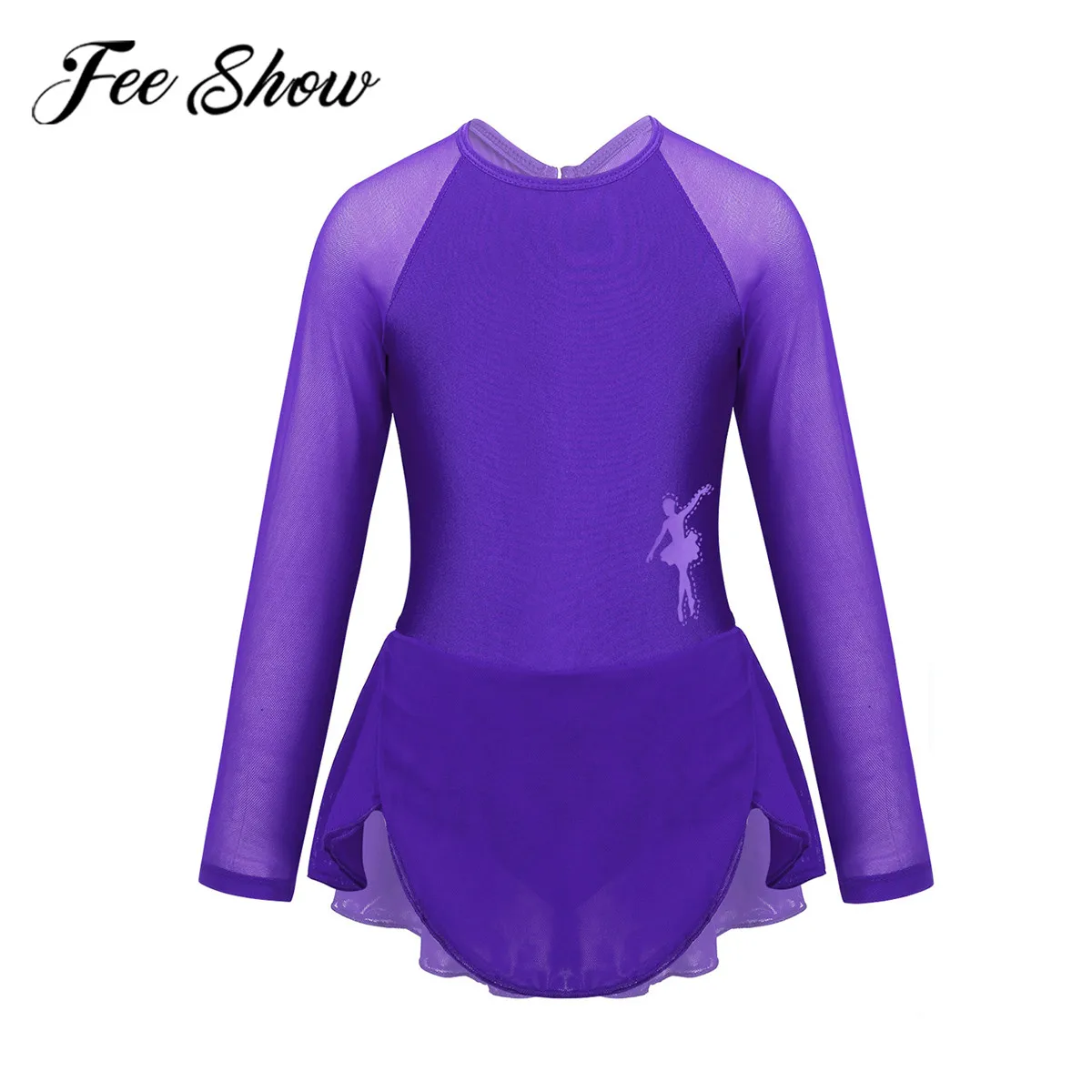 FEESHOW Ice Skating Dress Girls Kids Long Sleeves Tulle Dancing Costumes Figure Roller Skating Ballet Dance Leotard Dress