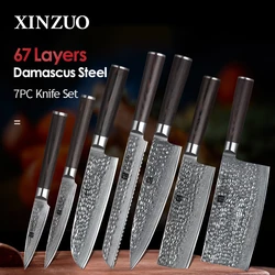 XINZUO 7 PCS Kitchen Knife Set Stainless Steel Blades Damascus VG10 Chef Knife Sets Santoku Utility Paring Cooking Tools Kitchen