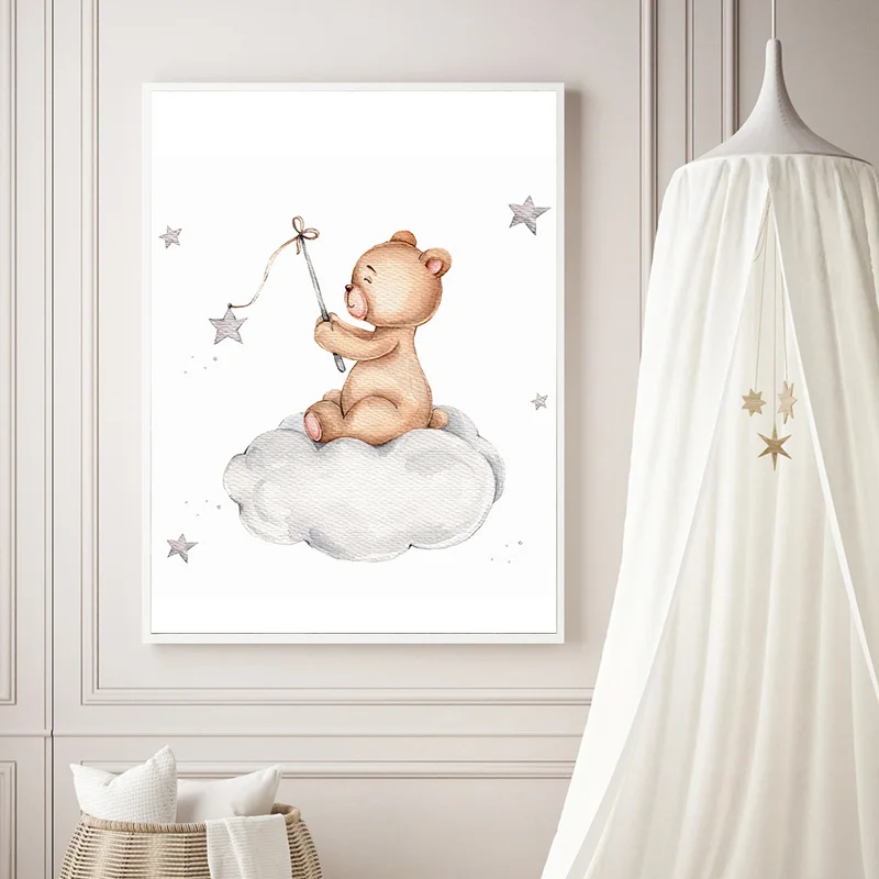 Nordic Bear Cloud Moon Star Wall Decor Art Painting on Canvas Room Decor Print Pictures Anime Posters for Infant Baby Bedroom