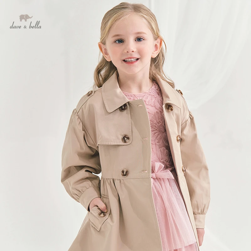 DK1220181 dave bella spring kids girls fashion solid  button pockets hooded coat children cute tops high quality outerwear