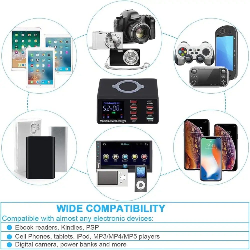 100W Multi USB Fast Charger Wireless For IPhone 12 11 Pro XR 8 Port Usb LCD Quick Charge Station 3.0 PD Charger For Samsung S10