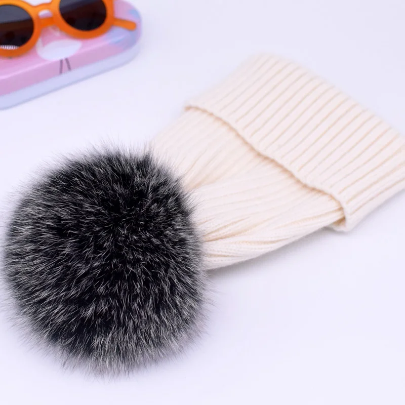 2022 Natural Fox Fur Pompon Hat Thick Winter for Women Cap Beanie Hats Knitted Cashmere Wool Caps Female Skullies Beanies