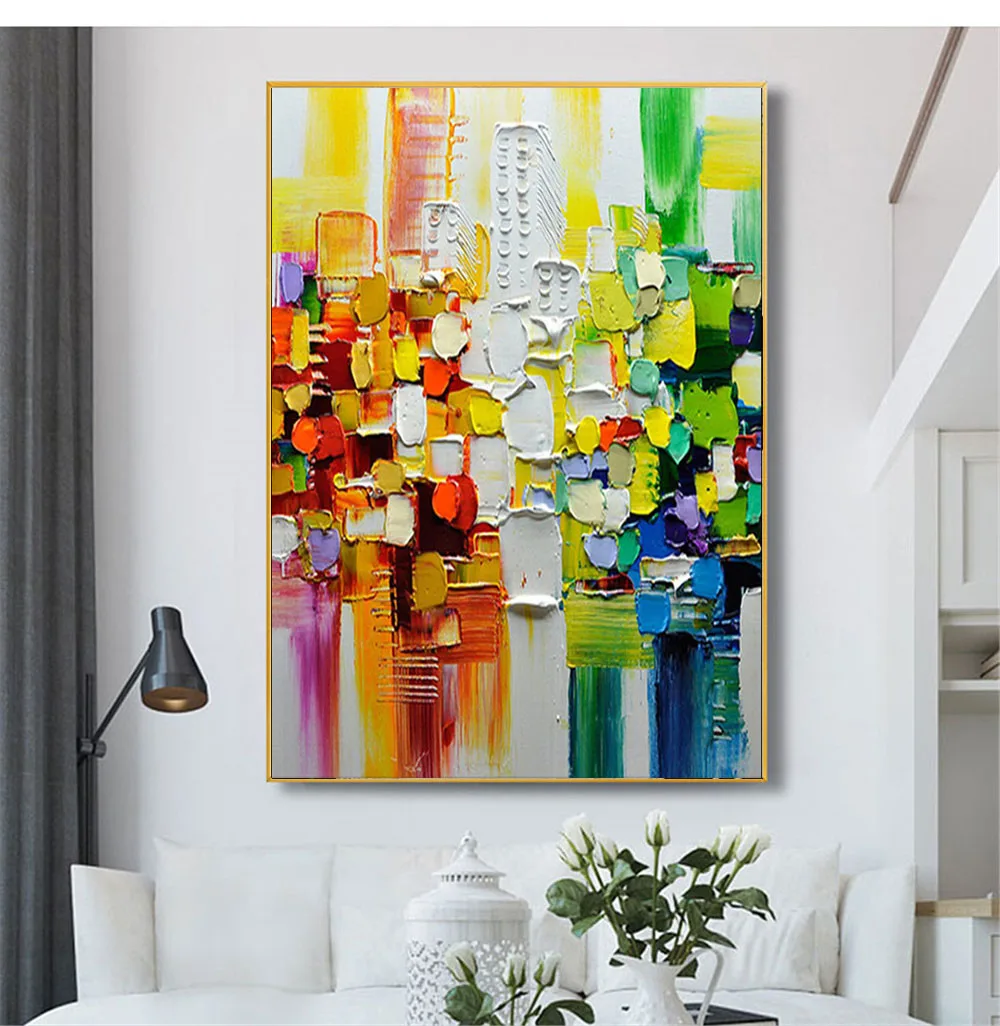 

Hand Pained Modern Fashion Colorful City Light Picture Thick 3D Textured Abstract Canvas Oil Painting Decor Living Room Wall Art