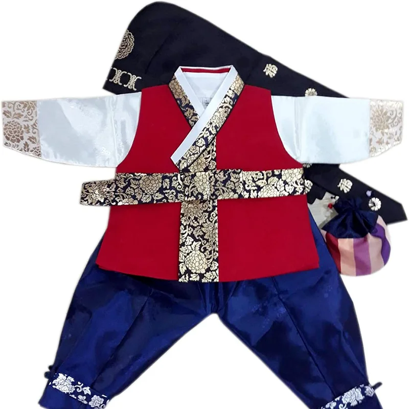 

Korean Traditional Costume Baby Red Korean Hanbok Boy First Birthday Traditional Costume Party Dress