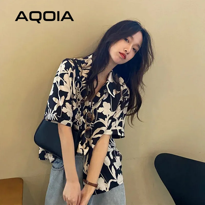 Chic Floral Printing Button Up Women Shirt Oversize Short Sleeve Office Lady Womens Blouse 2022 Summer Loose Female Shirts