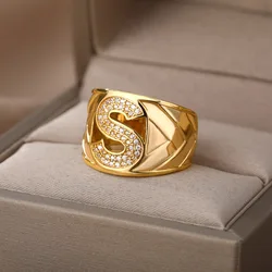 Chunky Wide A-Z Letter Rings For Women Zircon Opening Gold Color Opening Ring Female Initials Alphabet Jewelry Free Shipping BFF