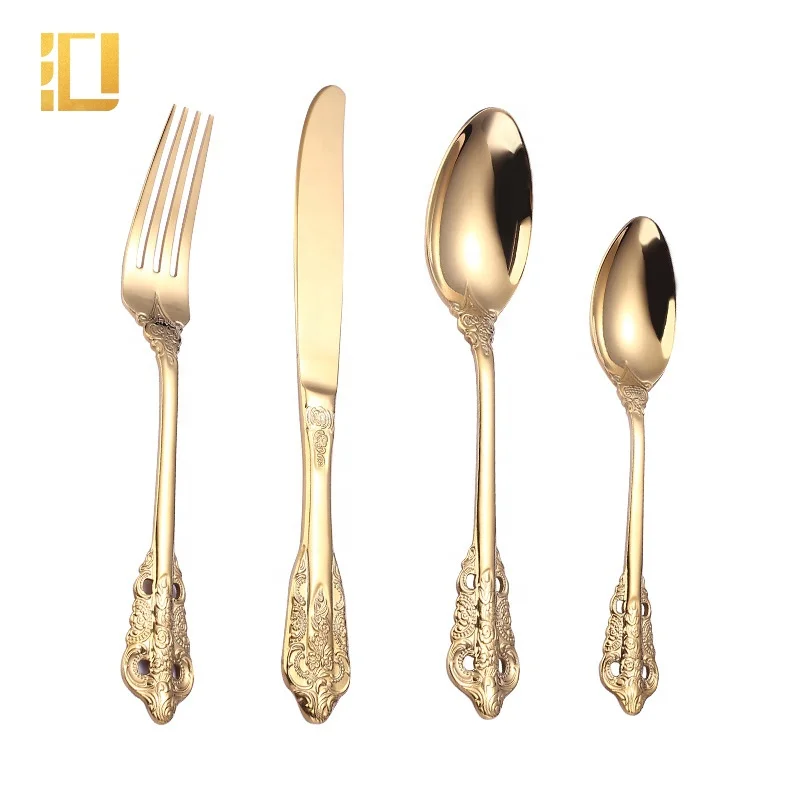 4pcs/set Baroque Style Royal Cutlery Set Gold Luxury Dinnerware Stainless Steel Knife Fork Spoon Tableware For Dishwasher Safe