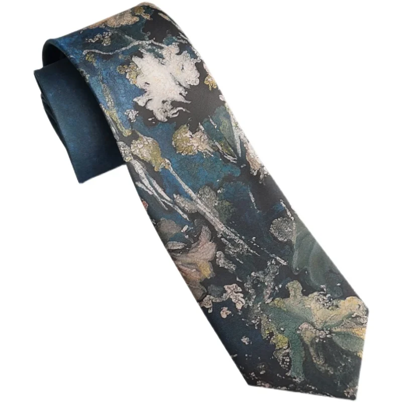 Free Shipping New Male men's Original design retro personality gift necktie blue-green oil painting texture lotus leaf print tie